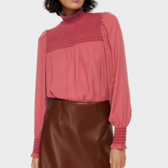 Aritzia Wilfred Nessie Mock Neck Blouse Smocked Details Mauve Rose Size L Women - Picture 1 of 10